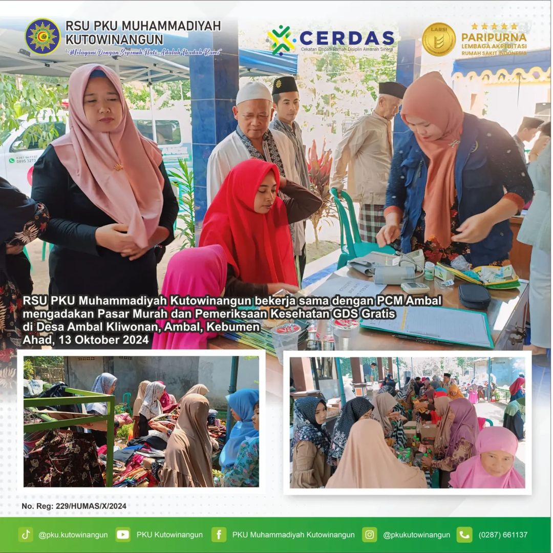 13 Oktober 2024, RSU PKU Muhammadiyah Kutowinangun mengadakan Pasar Murah dan Pemeriksaan Kesehatan GDS secara gratis