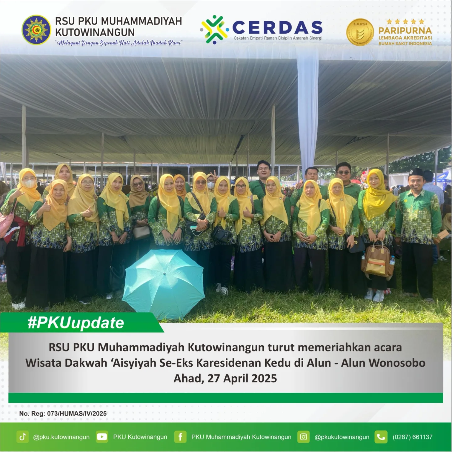 Minggu 27 April 2025, RSU PKU Muhammadiyah Kutowinangun turut memeriahkan acara Wisata Dakwah Aisyiyah Se Eks Karesidenan Kedu di Alun-Alun Wonosobo