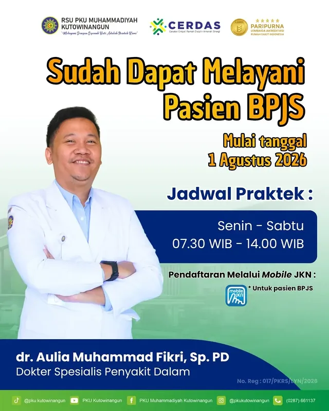 dr. Aulia Muhammad Fikri, Sp.PD sudah dapat melayani pasien BPJS Kesehatan di RSU PKU Muhammadiyah Kutowinangun.